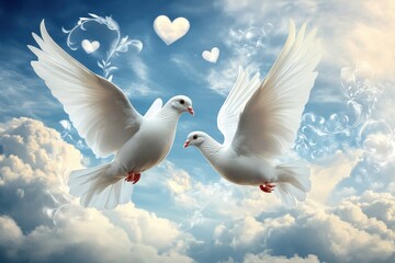 Two white doves fly gracefully in the clear blue sky