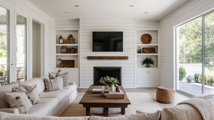 Fototapeta premium A modern and bright living room with cozy furniture details