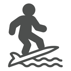 Surfer at sea wave solid icon, sportsman concept. Vector graphics. Surfboard with surfer man, sport sign on white background, glyph style icon for mobile or web design.
