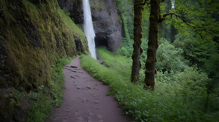 Scenic trail leading to a misty waterfall cascading down mossy rocks in forest