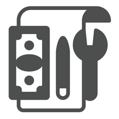 Project paper with banknote, pen and wrench solid icon, making road concept. Vector graphics. Money with plan and tools, budget sign on white background, glyph style icon for mobile or web design.