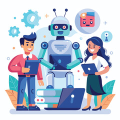 AI Assistance Concept Illustration – People Using Laptops and Smartphones with Friendly Robots, Modern Flat Design