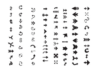 Black arrow vector illustrations with curved and straight designs in smooth handmade silhouette style
