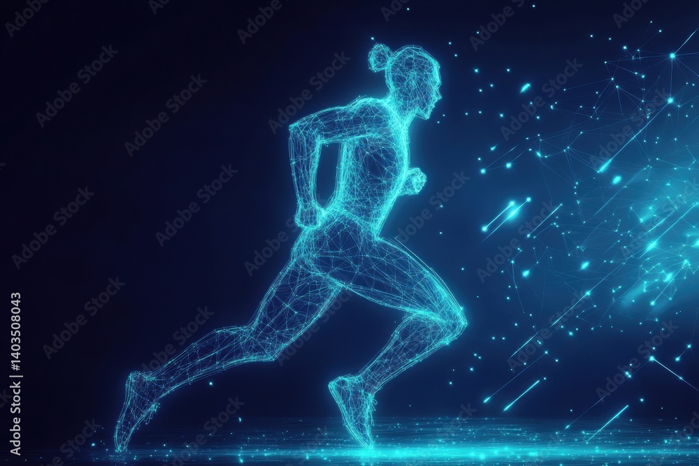 Poster runner silhouette in glowing digital wireframe mesh captured in motion freeze showcasing strength an