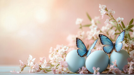 Pastel Blue Easter eggs with butterflies and flowers