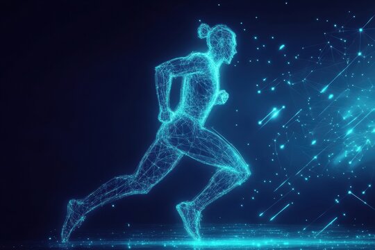 Runner silhouette in glowing digital wireframe mesh captured in motion freeze showcasing strength and dynamism