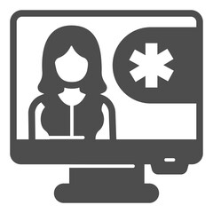 Monitor with consultant woman solid icon, pharmacy concept. Vector graphics. Display with woman, online sign on white background, glyph style icon for mobile or web design.