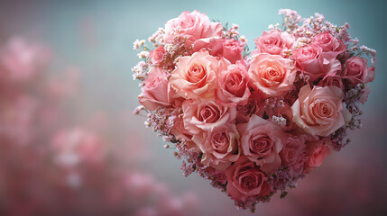 Pink rose heart bouquet on soft romantic background