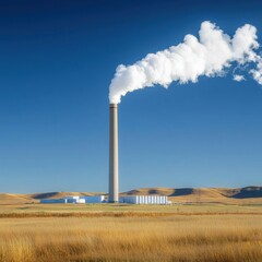 A tall smokestack emits white clouds into a clear blue sky, surrounded by golden grasslands and distant hills, showcasing industrial activity in a natural landscape.