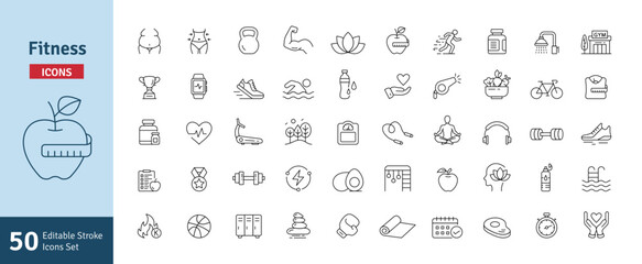 Fitness Line Icons Set. Health, Healthy Lifestyle, Wellbeing, Exercise, Health Care, Sport, Workout Editable Stroke Vector Illustration