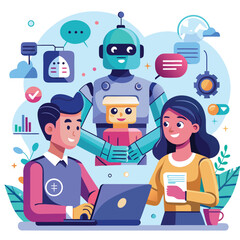 AI Assistance Concept Illustration – People Using Laptops and Smartphones with Friendly Robots, Modern Flat Design