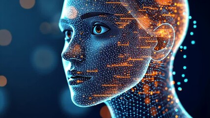 Digital female head, glowing network data streams - Powered by Adobe