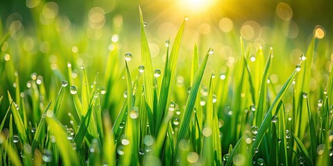 Fototapeta premium Aerial Dewy Green Grass Close Up, Warm Sunlight, Cultivated Field, Lush Nature, Copy Space, High-Resolution Photo