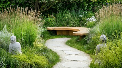 Curved wooden bench and stone path in a lush green garden for a wellness website header design.