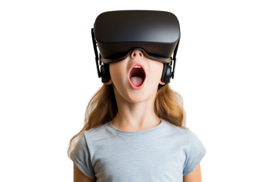 Shock Child wearing virtual reality headset with long blonde hair on transparent background - Powered by Adobe