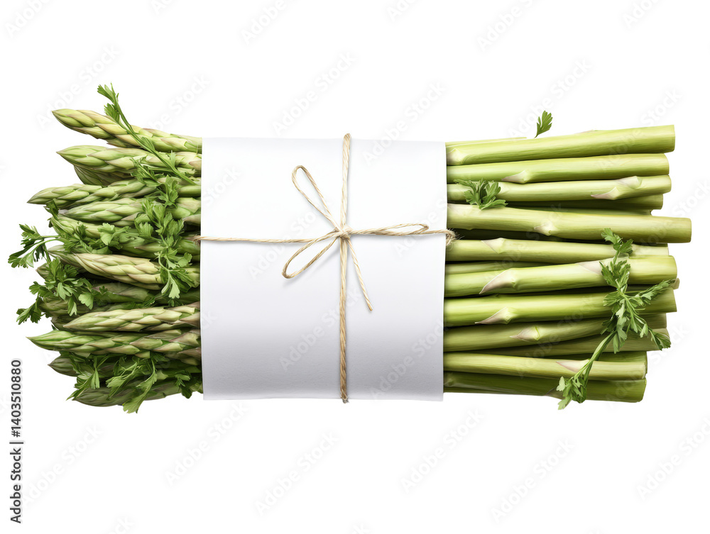 Poster fresh asparagus wrapped in white paper displayed on a clean surface for a simple and elegant present