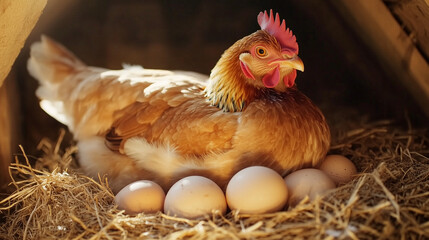 Hen with eggs in nest inside chicken coop