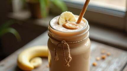 A nutritious smoothie made with fresh bananas is served in a jar on a rustic wooden table. The drink features banana slices and crunchy toppings, set near a window with plants in the background