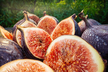 Between Sliced Halves, Healthy Juicy Ripe Figs. Macro. Seasonal fruit details