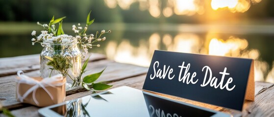 Stylized calligraphic text displaying 'Save the Date' in an design against a minimalist, neutral background