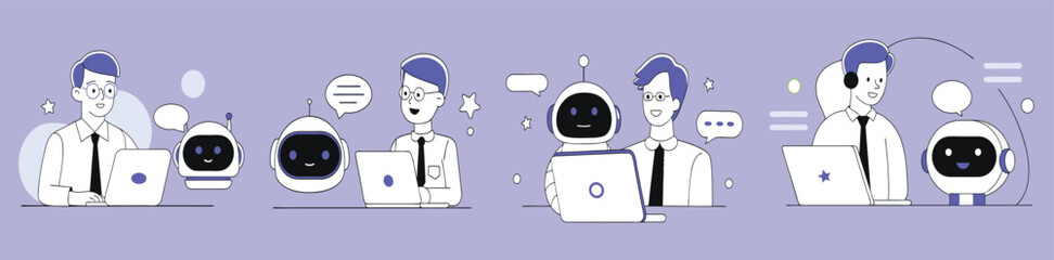 AI technology set. Characters using artificial intelligence generative tools for business