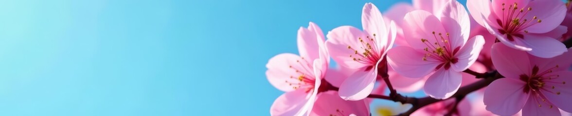 Close-up of pink cherry blossoms against a clear blue sky, spring, trees