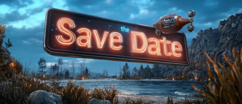 A sleek, futuristic tablet appears to be floating above a serene beach, displaying a message urging viewers to take action and Save the Environment.