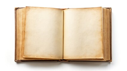 Naklejka premium Antique Blank Book Open Top View, Vintage Diary, Old Book Pages, Empty Book, Copy Space, Open Book Mockup, Aged Paper Texture, Retro Book, Rustic Book Background