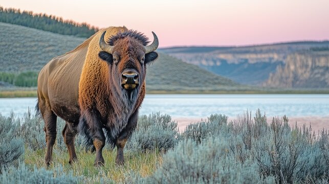 Majestic Bison at Sunset by the Lake