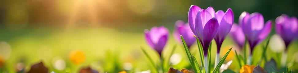 Naklejka premium Close-up of purple crocus plant in sunny park setting, flora, crocus, vibrant
