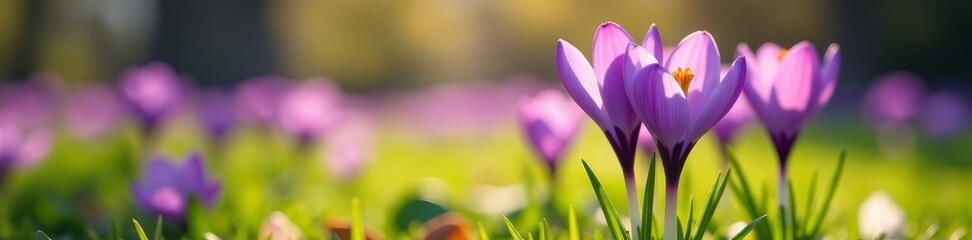 Naklejka premium Close-up of purple crocus plant in sunny park setting, narcissus, beautiful