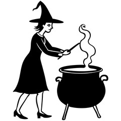 A witch stirring a cauldron, vector silhouette, smoke rising