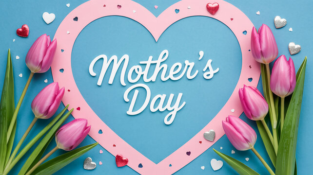 Mother's Day finesse  A top-down view of blooming tulips decorative hearts and modern confetti within a heart shaped cutout on a chic blue background leaving room for customized promotion