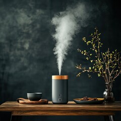 Modern diffuser on wooden table, steam rising
