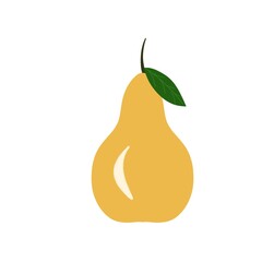 A simple digital illustration of a yellow pear with a green leaf and a dark brown stem, shown on a white background
