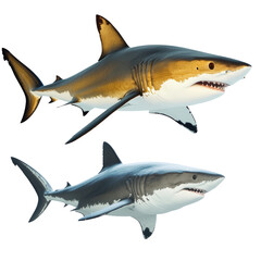 Obraz premium Magnificent great white shark swimming in deep ocean waters captured in action displaying its power and grace isolated on a white background.