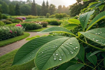 Close-up of lush green leaves in a garden, highlighting natural beauty and freshness. (Abstract)