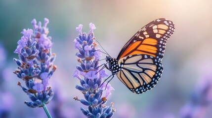 Fototapeta premium Monarch butterfly on lavender, garden, summer