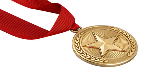 Gold Medal with Red Ribbon: A gleaming gold medal, adorned with a star and laurel wreath, hangs elegantly from a vibrant red ribbon. This image symbolizes achievement, victory, and recognition.