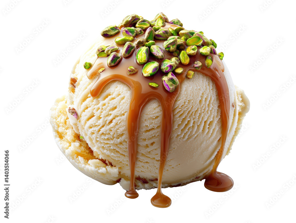 Poster a refreshing scoop of ice cream topped with crunchy nuts and drizzled with rich caramel sauce for a 