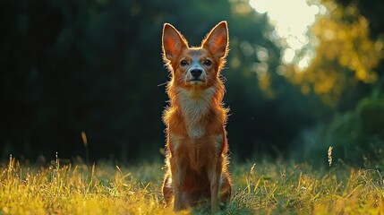 Golden Hour Canine: A Small Dog Sitting in a Lush Meadow