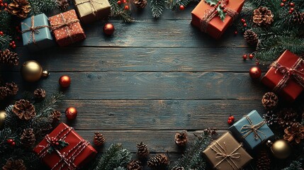 Rustic Christmas Background: Gifts, Pine Cones, and Festive Decorations on Dark Wood