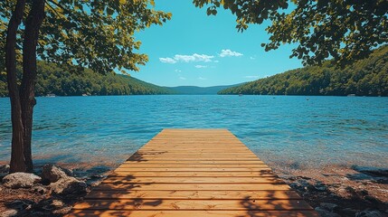 Serene Lakeside Summer Escape: Tranquil Wooden Dock Overlooking a Picturesque Lake and Lush Green Mountains