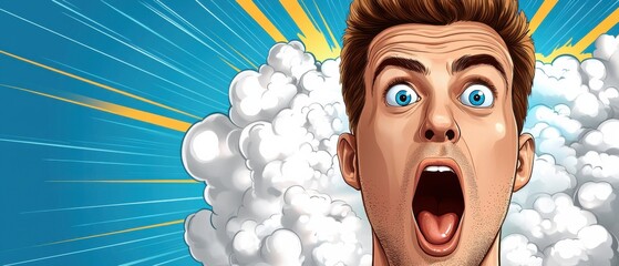 Close-up of an expressive, digitally illustrated male comic book character making an excited, dramatic expression with vibrant, surreal colors.