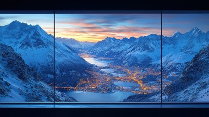 Breathtaking Panoramic View of Snowy Mountains and City Lights at Dusk