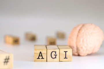 Artificial General Intelligence acronym. AGI design isolated with a brain. Concept of ia development, high level of knowledge