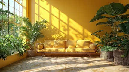 Sunny Yellow Living Room with Tropical Plants and Yellow Sofa