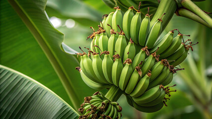 Unripe Banana Cluster on Lush Plant with Dried Flower Tips