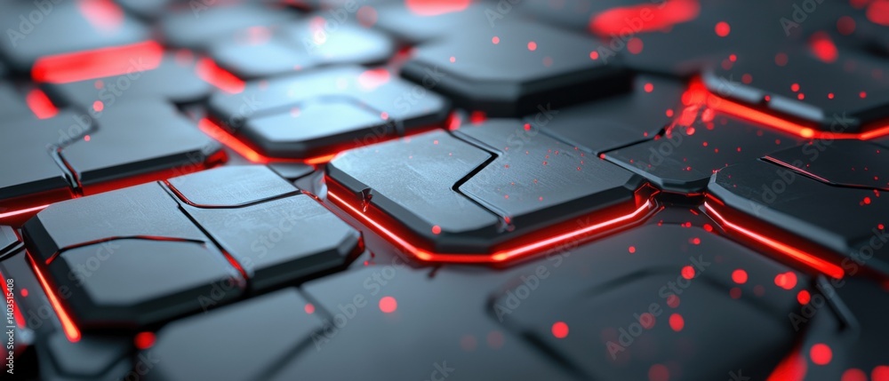 Poster a minimalist, futuristic digital artwork featuring a geometric grid pattern with bold neon red highl