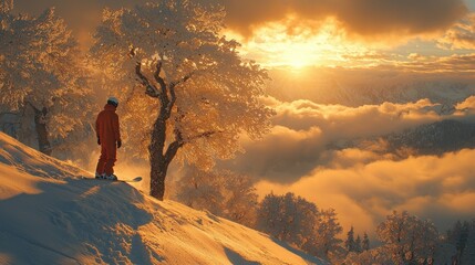 Golden Hour Serenity: Snowboarder at Sunset